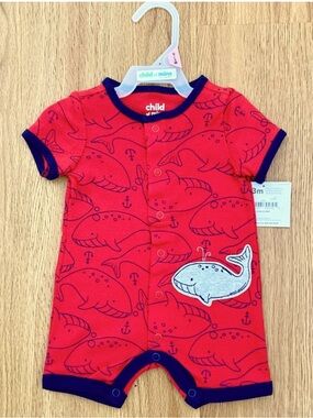 Child of Mine Baby Whale Romper 0-3M Nautical Short Sleeve One Piece NWT